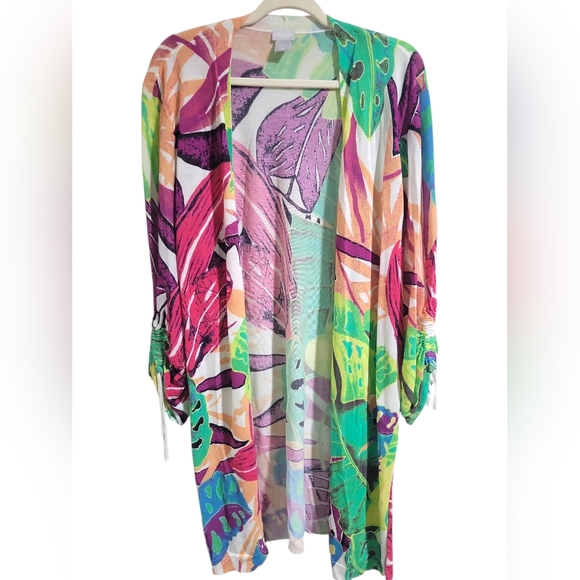 Chico's Knit Tropical Long Duster Cover-up Size XL (Chico's 3) Ruched Sleeve - Picture 2 of 10